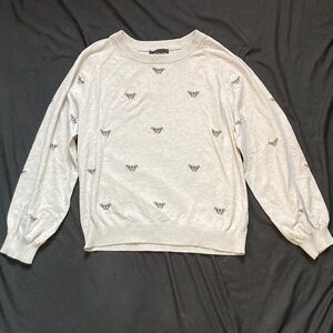 Premise Gray Balloon Sleeve Sweater Black Embroidered Butterfly Detail Size XL
